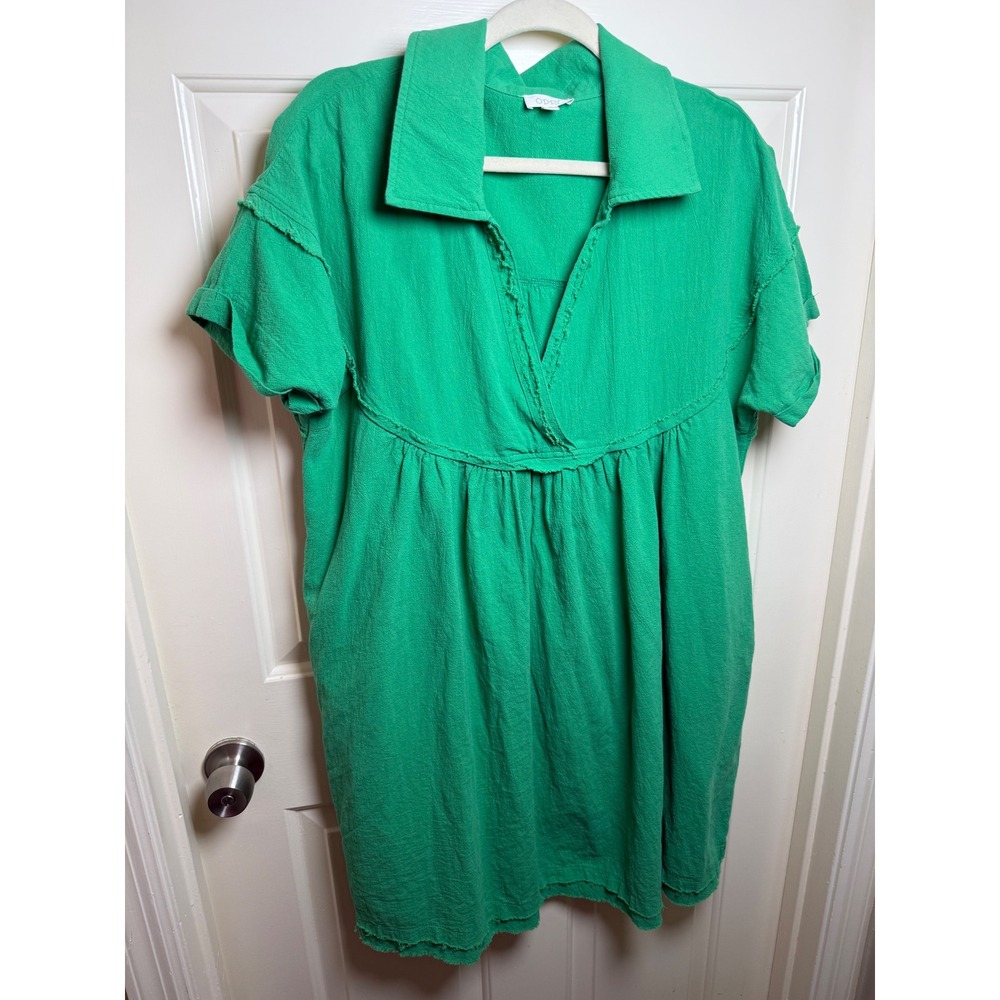 ODDI Green Cotton Gauze Raw Edge Mini Dress